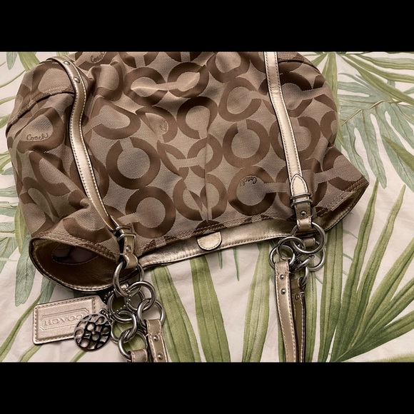 Authentic COACH Op Art tote bag canvas shoulder beige gold 16233 Large size - Picture 3 of 8